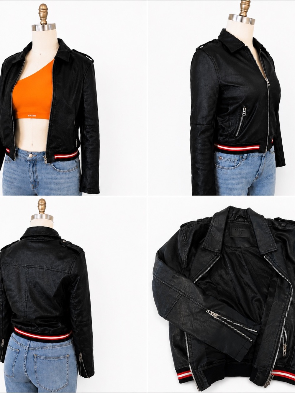 Blank NYC Black Faux Leather Crop Jacket with Red and White Waistband